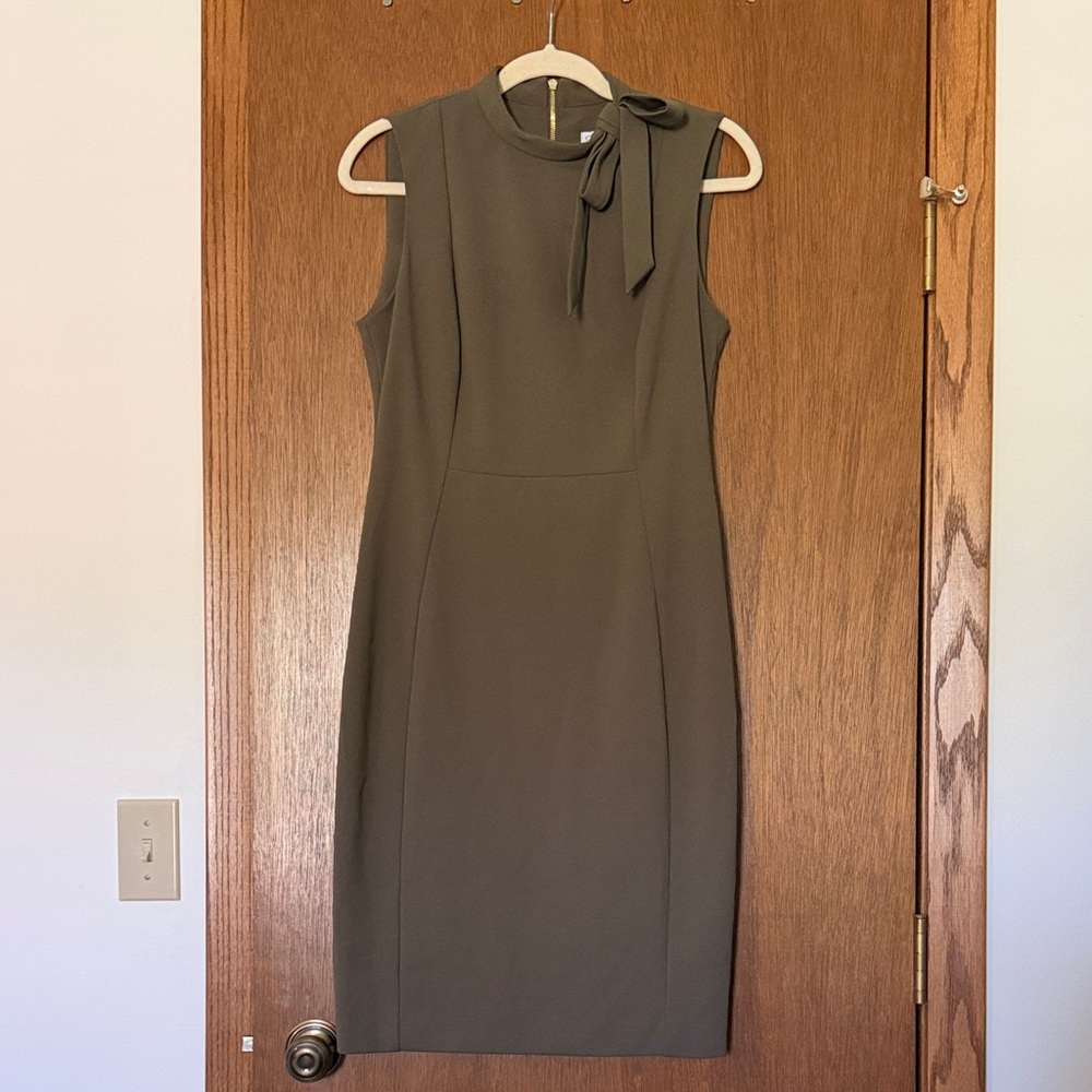 Calvin Klein Olive Tie-Neck Midi Sheath Dress